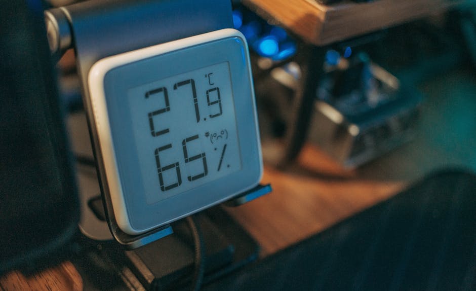 Žmogus tikrina temperatūrą ir drėgmę patalpoje su termometru bei higrometru