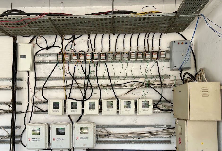 Modernus elektros skydas su aiškia apskaita ir kabeliais namo technologijoms